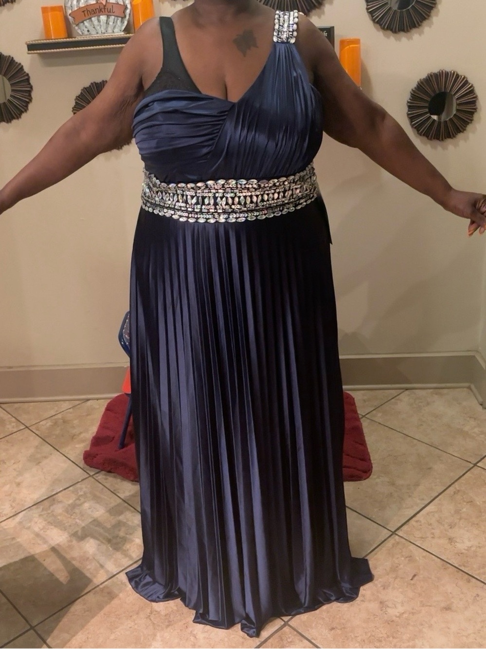 Navy Blue One Shoulder Beaded Formal Evening Gown Plus Size 24W NWT